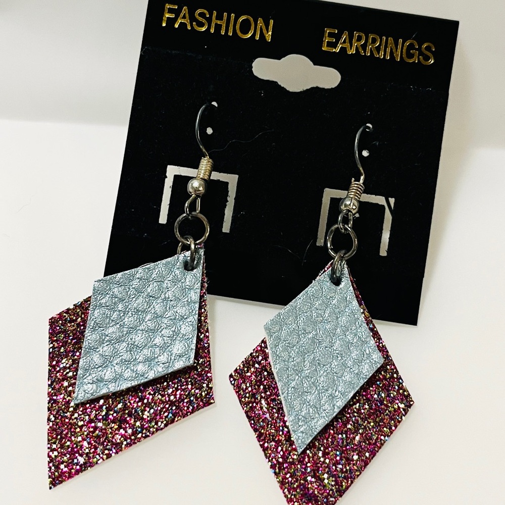 Hand Crafted Silver and Glitter Pink Layered Diamond Drop Earrings